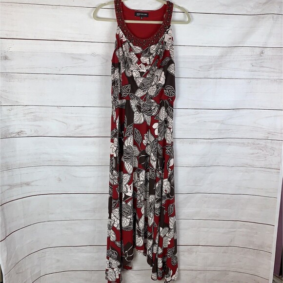 Jones New York Dress maxi Long 8 medium red brown floral blouson red wood Beads - Picture 1 of 12